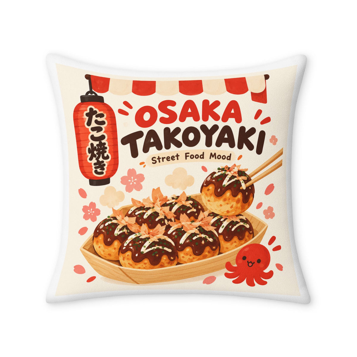 Osaka Takoyaki Cushion Cover – Japanese Street Food & Sakura – 46 x 46 cm